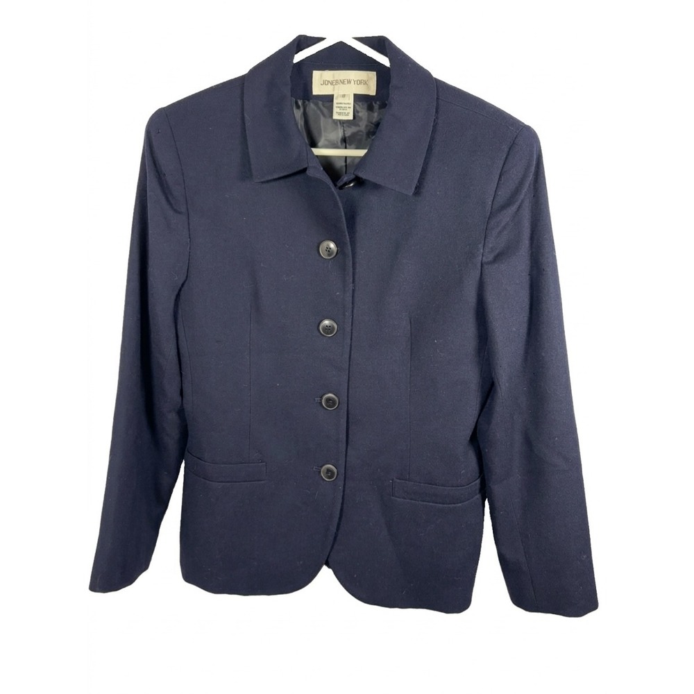 Vintage 90s Jones New York Blazer Jacket 8 Navy Blue 100% Worsted Wool USA FLAW